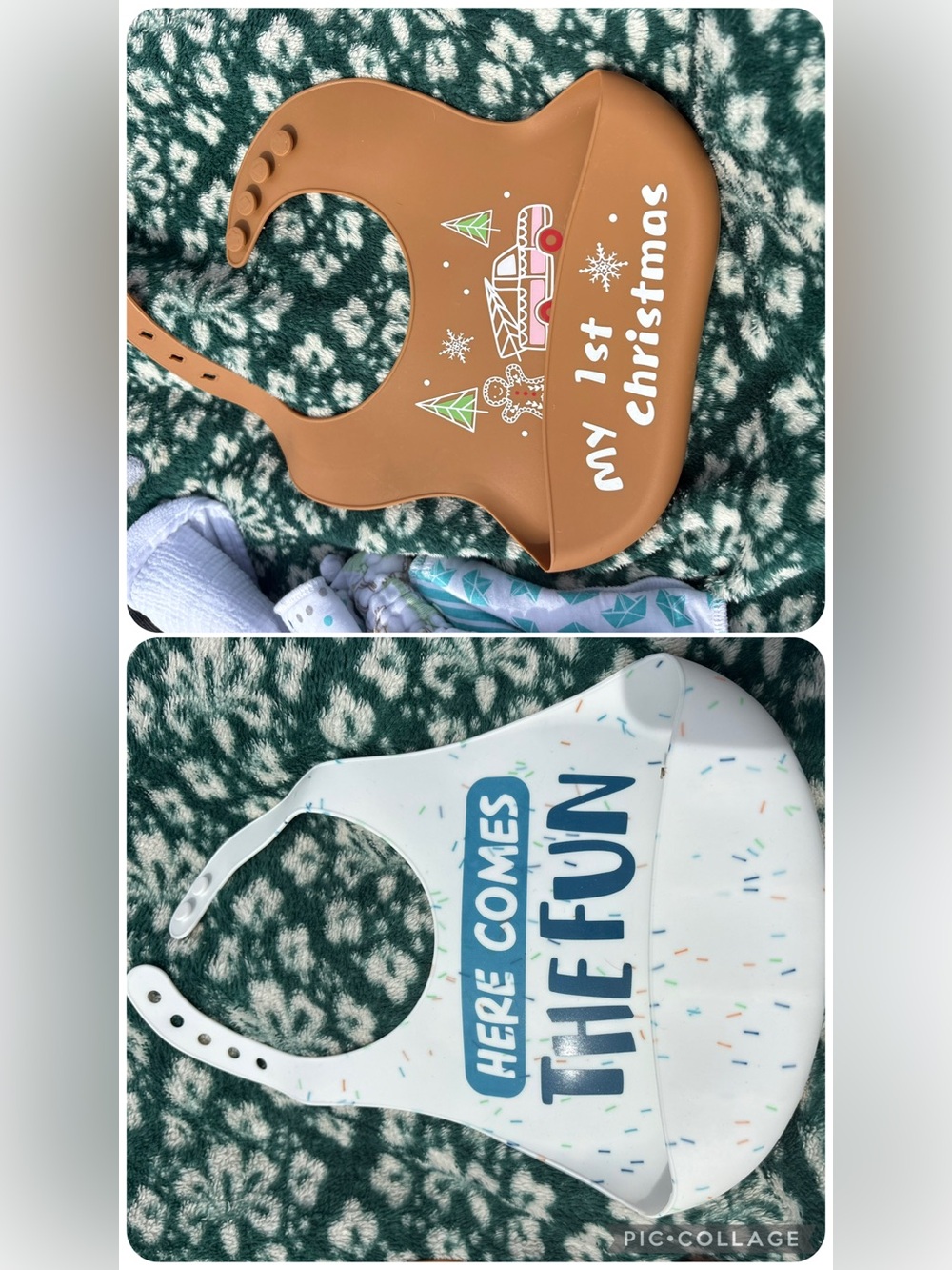 Silicone Bib Set - Brown "My 1st Christmas" & White "Here Comes The Fun" 2